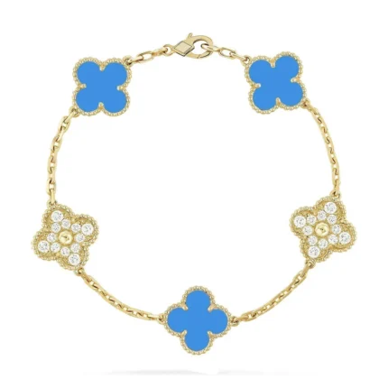 CLOVER 5 MOTIF BLUE AGATE BRACELET COLLECTION - Gold-Diamond, 19