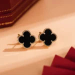 CLOVER MEDIUM 1 MOTIFS ONYX STUD EARRINGS - Gold Rose, Silver alloy - 14k gold plated