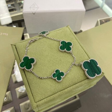 CLOVER 5 MOTIFS SIVLER MALACHITE BRACELET - 19