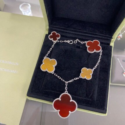 CLOVER 5 MOTIFS SIVLER CARNELIAN TIGER EYE BRACELET - 19