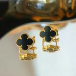CLOVER MEDIUM 1 MOTIFS ONYX STUD EARRINGS - Gold, Silver alloy - 14k gold plated
