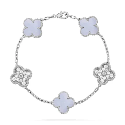 CLOVER 5 MOTIF PURPLE CHALCEDONY BRACELET COLLECTION - Silver-Diamond, 19