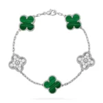 CLOVER 5 MOTIF MALACHITE BRACELET COLLECTION - Silver, Diamond