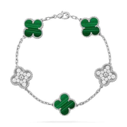 CLOVER 5 MOTIF MALACHITE BRACELET COLLECTION - Silver, Diamond