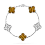 CLOVER 5 MOTIFS TIGER EYE BRACELET COLLECTION - Silver, Diamond