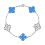 CLOVER 5 MOTIF BLUE AGATE BRACELET COLLECTION - Silver-Diamond, 19