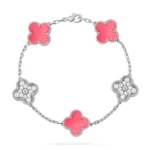 CLOVER 5 MOTIFS PINK MOP BRACELET COLLECTION - Silver-Diamond, 19
