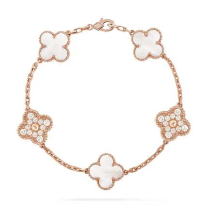 CLOVER WHITE PEARL MOP 5 MOTIF BRACELET COLLECTION - Rose-Diamond, 19