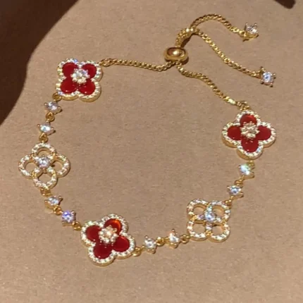 CLOVER 5 MOTIF PINK BLUE RED WHITE BRACELET - Red Mother-Of-Pearl