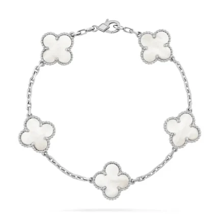 CLOVER WHITE PEARL MOP 5 MOTIF BRACELET COLLECTION - Silver, 19