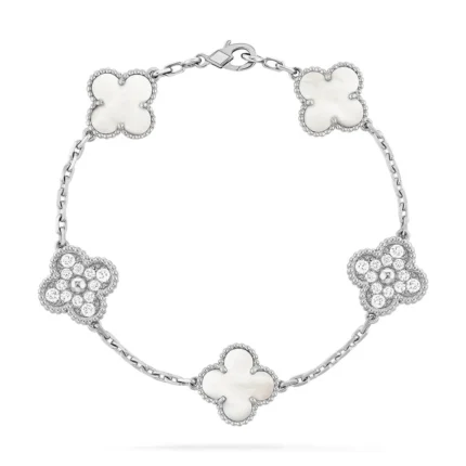CLOVER WHITE PEARL MOP 5 MOTIF BRACELET COLLECTION - Silver-Diamond, 19