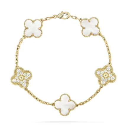 CLOVER WHITE PEARL MOP 5 MOTIF BRACELET COLLECTION - Gold-Diamond, 19