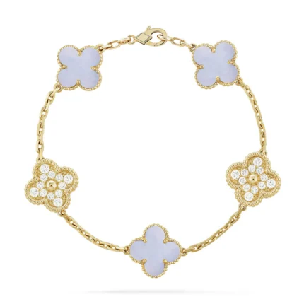 CLOVER 5 MOTIF PURPLE CHALCEDONY BRACELET COLLECTION - Gold-Diamond, 19