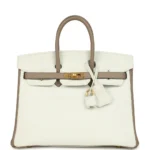 Hermès Special Order (HSS) Birkin 25 White and Etoupe Clemence Brushed Gold Hardware
