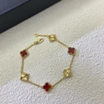 CLOVER 6 MOTIF RED AGATE LASER BRACELET - Gold, 16(Customizable)