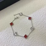CLOVER 6 MOTIF RED AGATE LASER BRACELET - Silver, 16(Customizable)