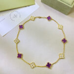 CLOVER 10 MOTIFS PURPLE VIOLET DIAMOND NECKLACE - Gold