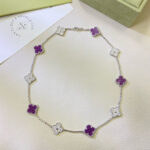 CLOVER 10 MOTIFS PURPLE VIOLET DIAMOND NECKLACE - Silver