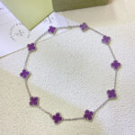 CLOVER 10 MOTIFS PURPLE VIOLET NECKLACE - Silver