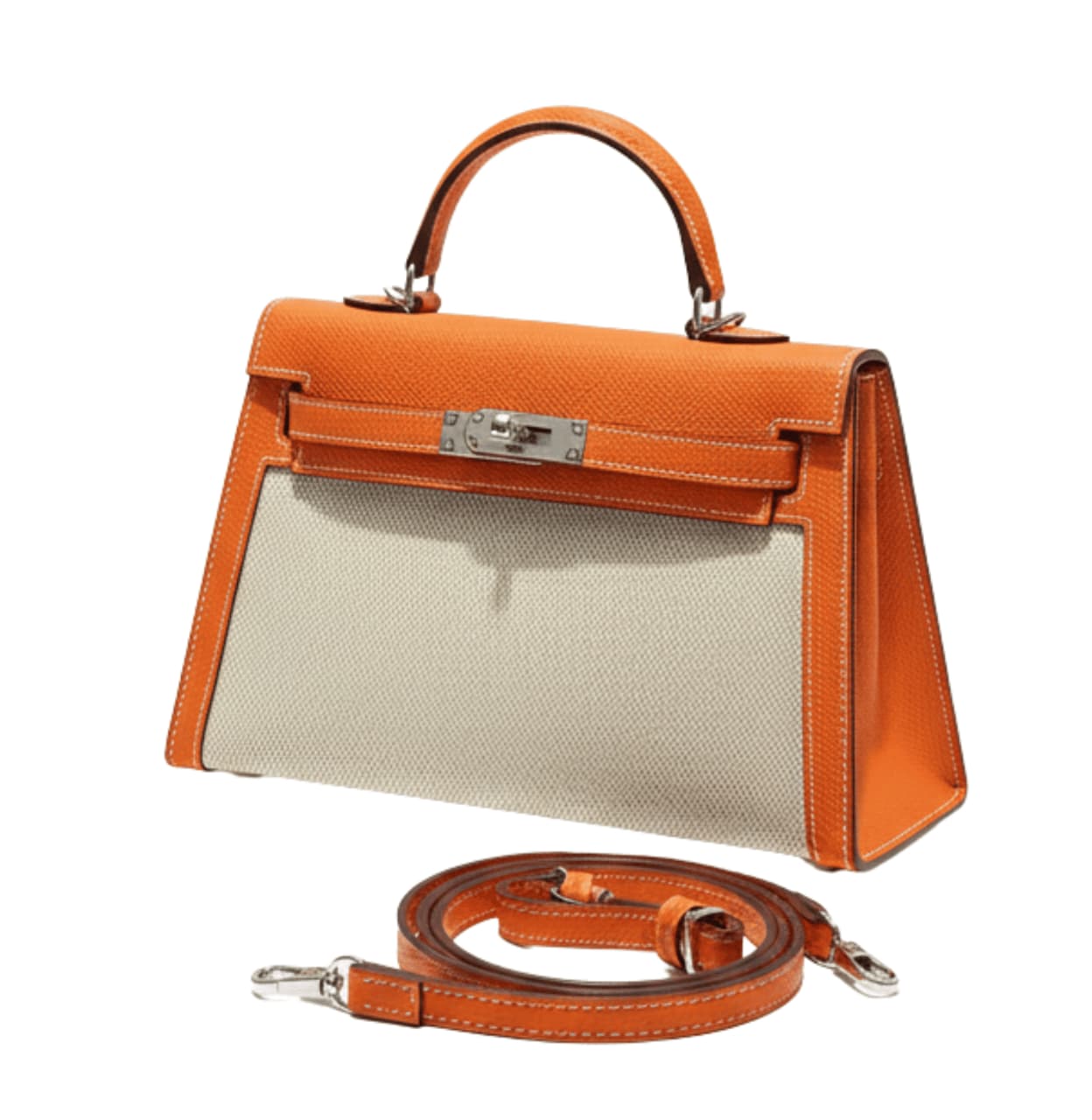 WhatsApp_Image_2025-11-24_at_12.55.16_PM Her.mès Bag | Kelly Bag In Orange Leather And A Neutral Canvas Material - Image 1