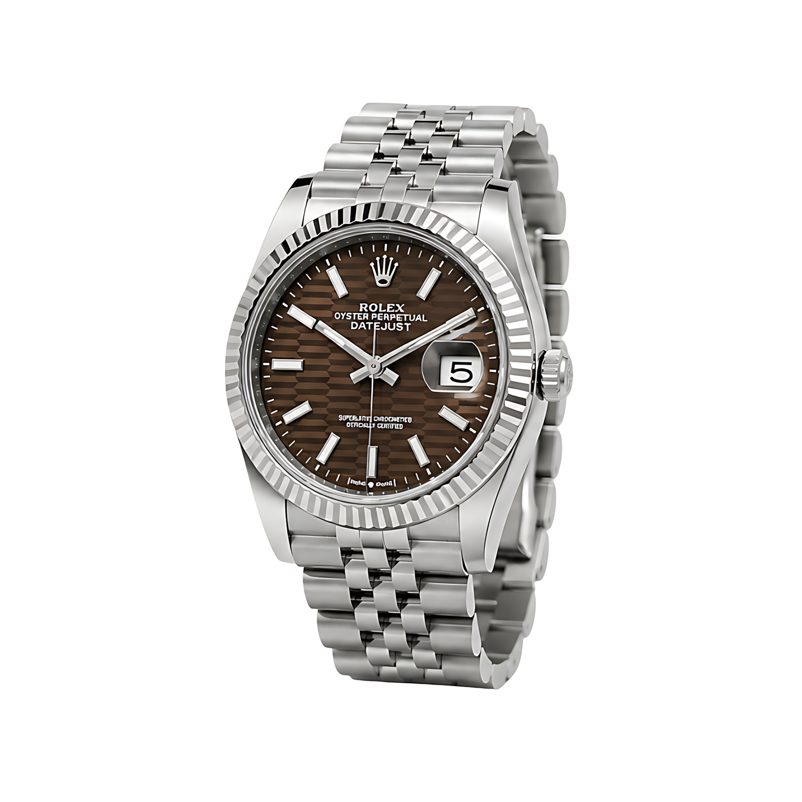 Rolex Luxury Designer Watch | Datejust Brown Dial Fluted Bezel Silver - Image 2