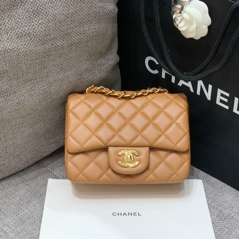 MINI SQUARE FLAP BAG 17CM BROWN LAMBSKIN GOLD HARDWARE - Image 9