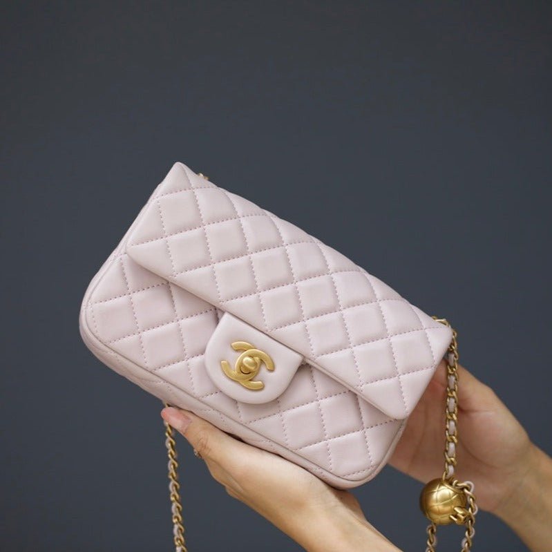 MINI RECTANGLE FLAP BAG 20CM LIGHT PINK LAMBSKIN GOLD HARDWARE - Image 11