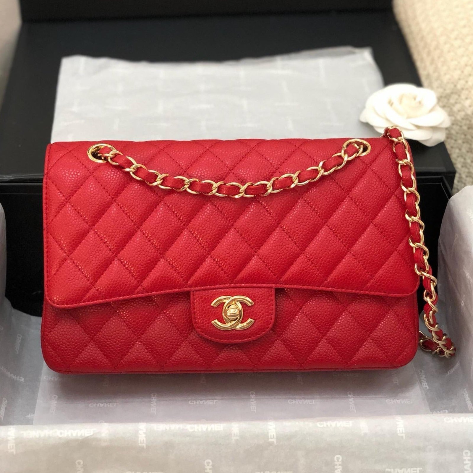 FLAP BAG MEDIUM 25CM RED CAVIAR GOLD HARDWARE - Image 10