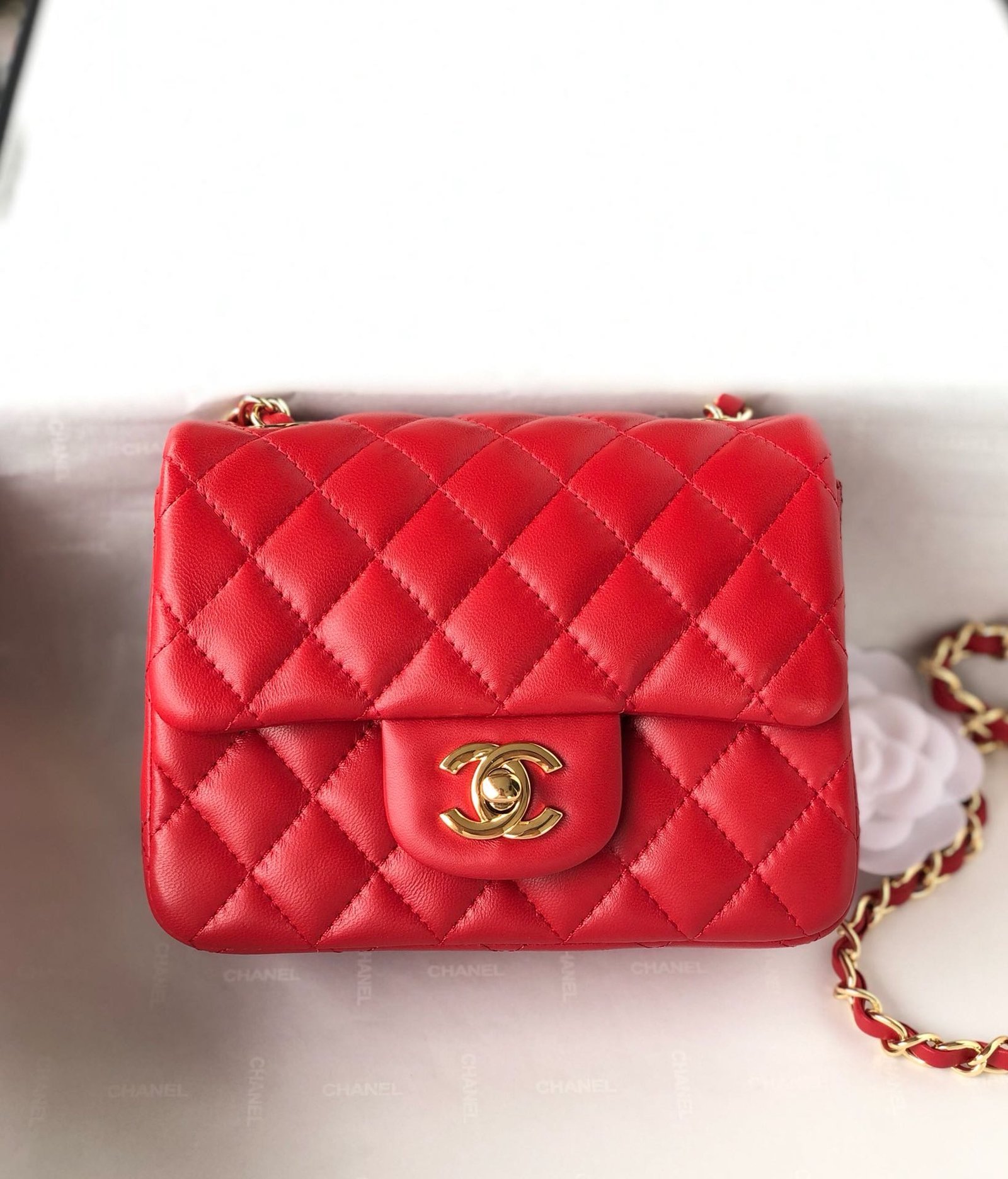 MINI SQUARE FLAP BAG 17CM RED LAMBSKIN GOLD HARDWARE - Image 12