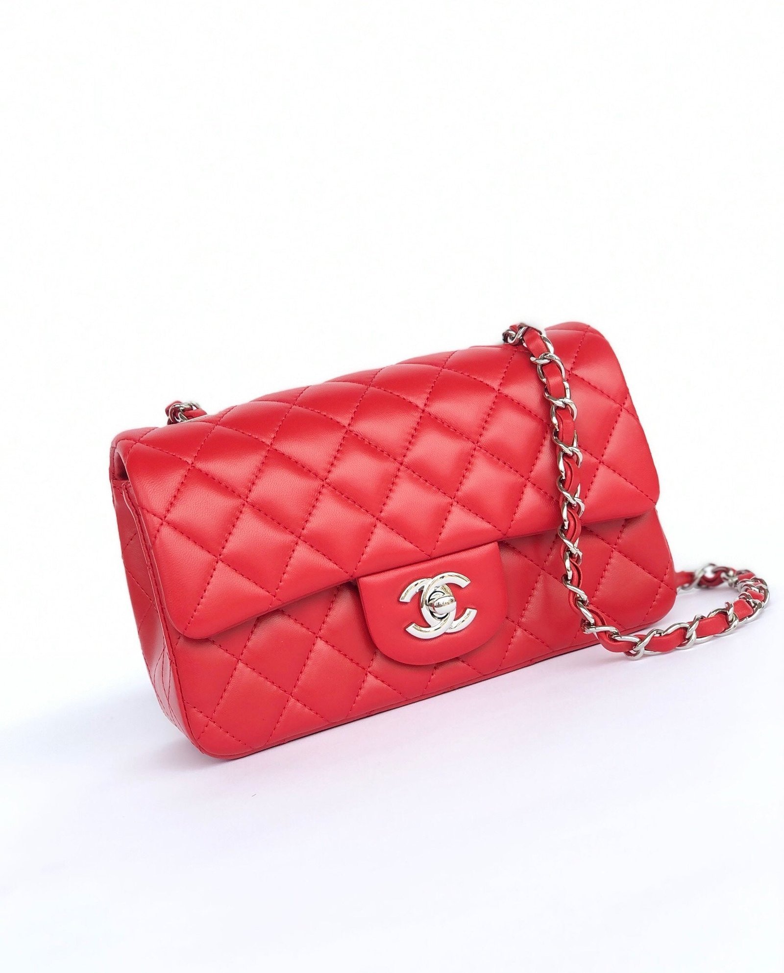 MINI RECTANGLE FLAP BAG 20CM RED LAMBSKIN SILVER HARDWARE - Image 12