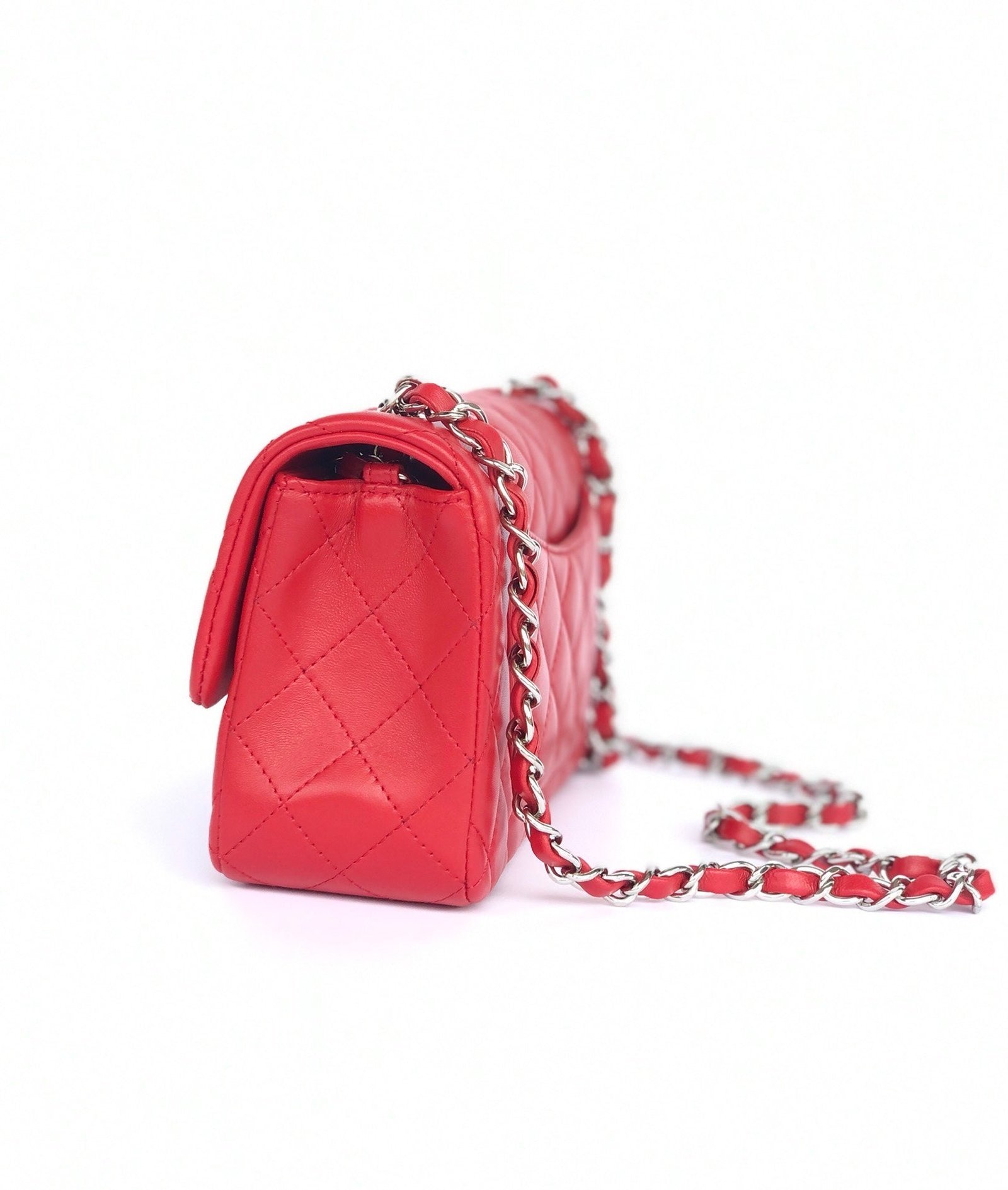 MINI RECTANGLE FLAP BAG 20CM RED LAMBSKIN SILVER HARDWARE - Image 11