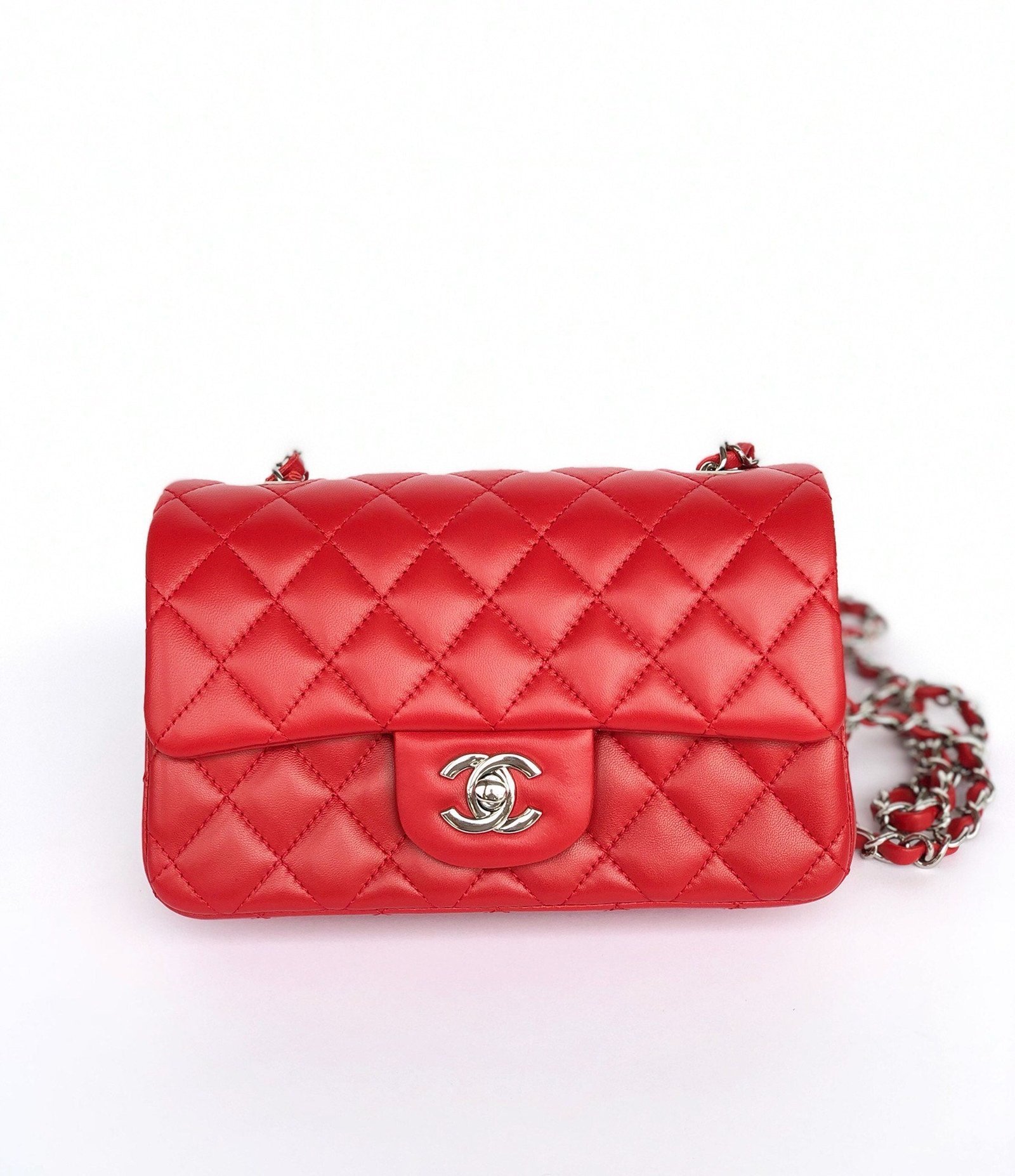 MINI RECTANGLE FLAP BAG 20CM RED LAMBSKIN SILVER HARDWARE - Image 16