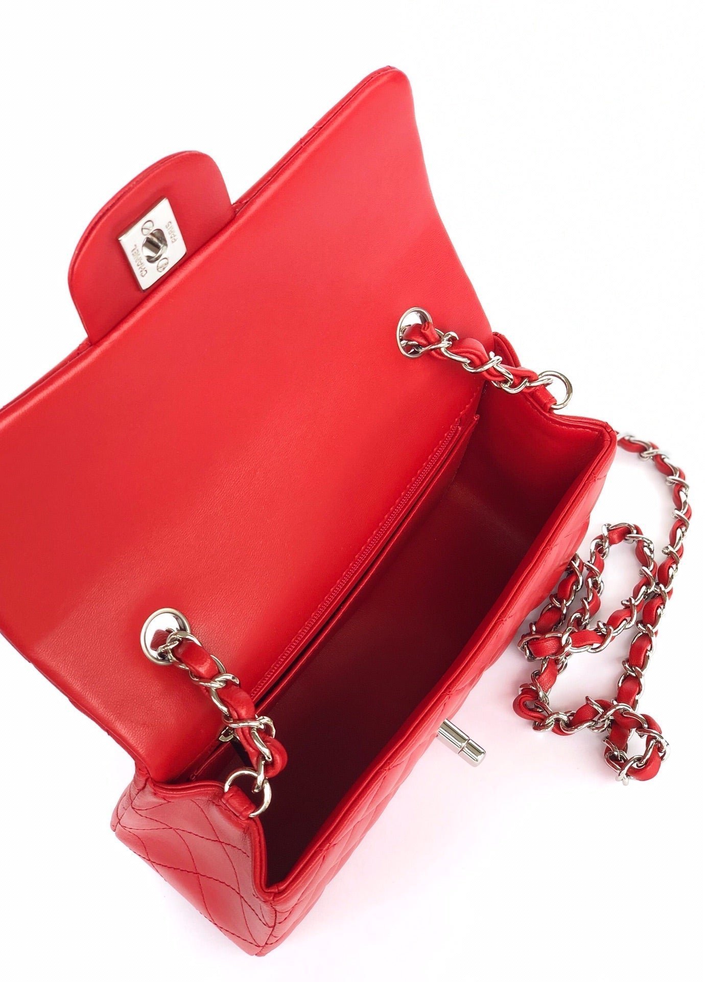 MINI RECTANGLE FLAP BAG 20CM RED LAMBSKIN SILVER HARDWARE - Image 17
