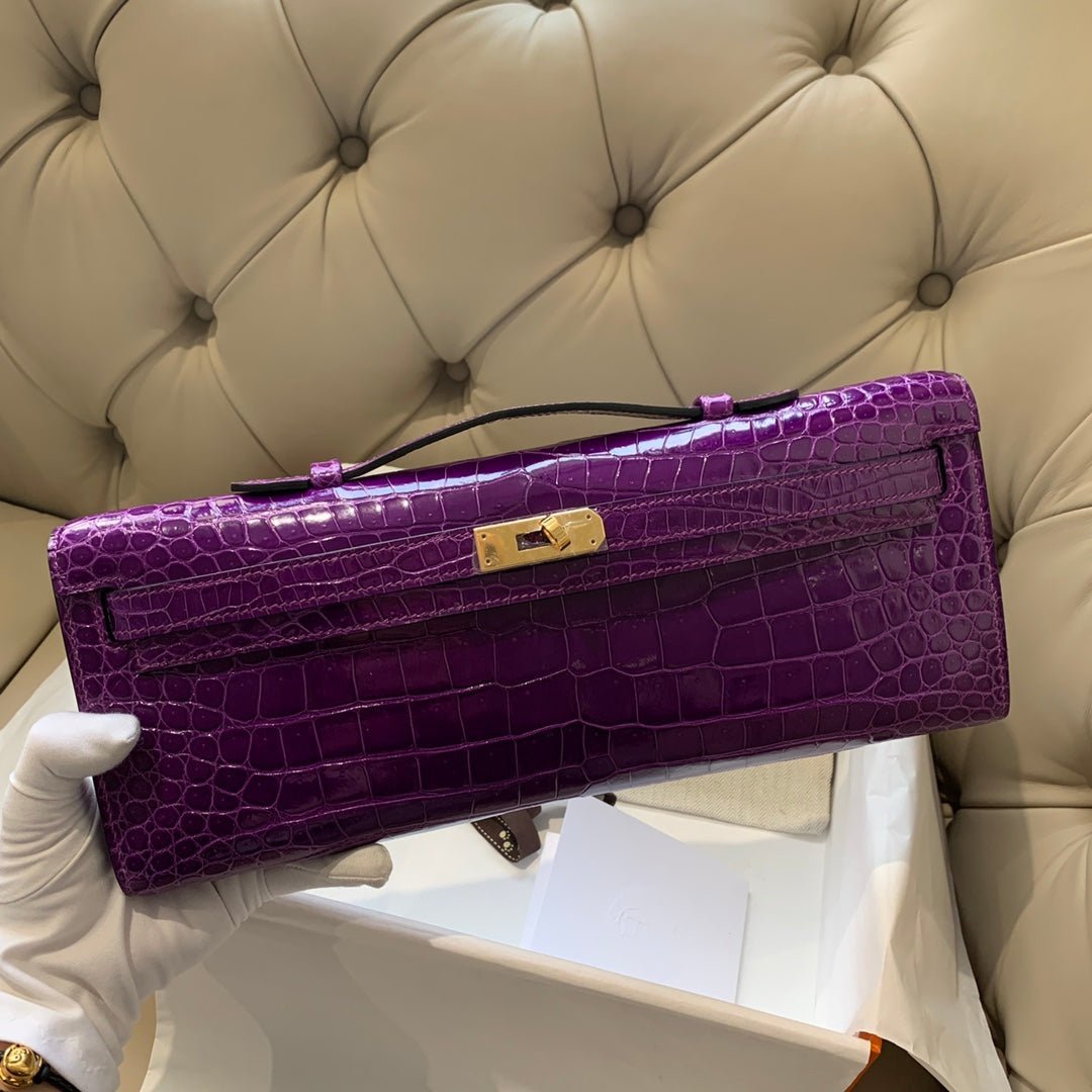 KELLY CUT 31 IN VIOLET PURPLE ALLIGATOR LEATHER WITH GOLD HARDWARE - Image 11