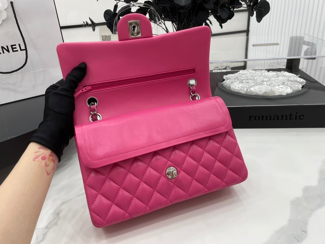 CC 25 CLASSIC SMALL DOUBLE FLAP BAG IN BRIGHT PINK CALFSKIN WITH STRAP - Image 13
