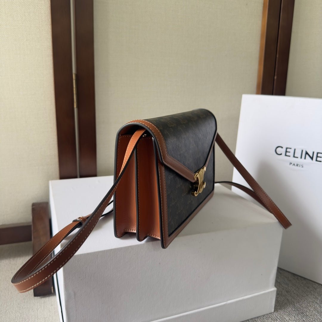 CELINE 25S WALLET MARGO 22MM IN BLACK TRIOMPHE CANVAS AND BROWN CALFSKIN - Image 7