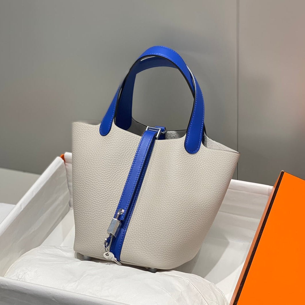 HERMES 25S PICOTIN LOCK 18 IN PEARL GRAY AND ELECTRIC BLUE CALFSKIN SILVER HARDWARE - Image 10