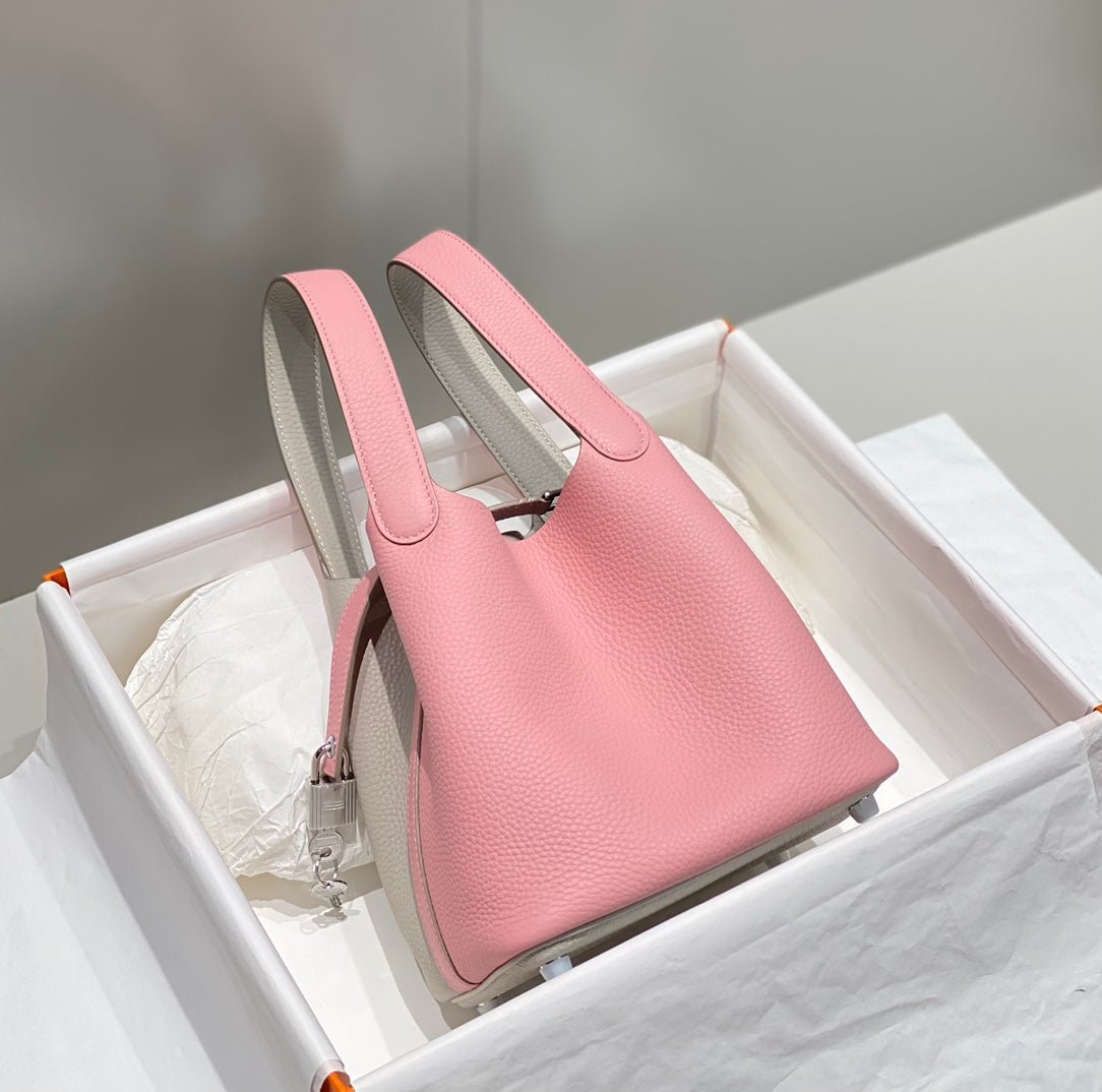 HERMES 25S PICOTIN LOCK 18 IN PINK AND LIGHT GRAY CALFSKIN SILVER HARDWARE - Image 3