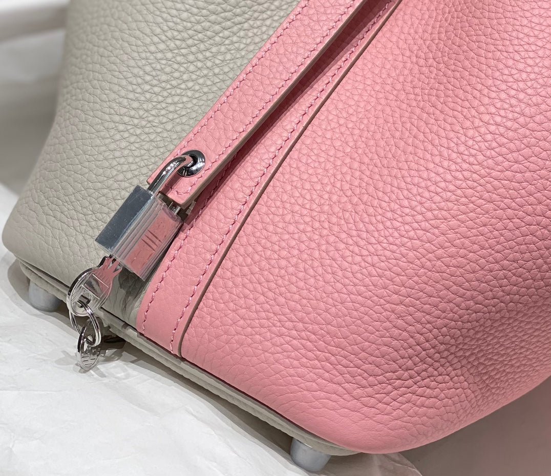 HERMES 25S PICOTIN LOCK 18 IN PINK AND LIGHT GRAY CALFSKIN SILVER HARDWARE - Image 7