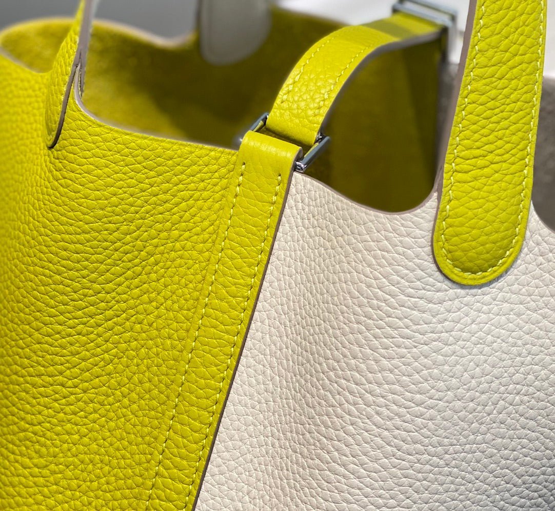 HERMES 25S PICOTIN LOCK 18 IN WHITE AND LEMON YELLOW CALFSKIN SILVER HARDWARE - Image 8