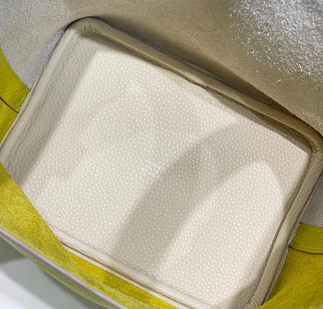 HERMES 25S PICOTIN LOCK 18 IN WHITE AND LEMON YELLOW CALFSKIN SILVER HARDWARE - Image 15