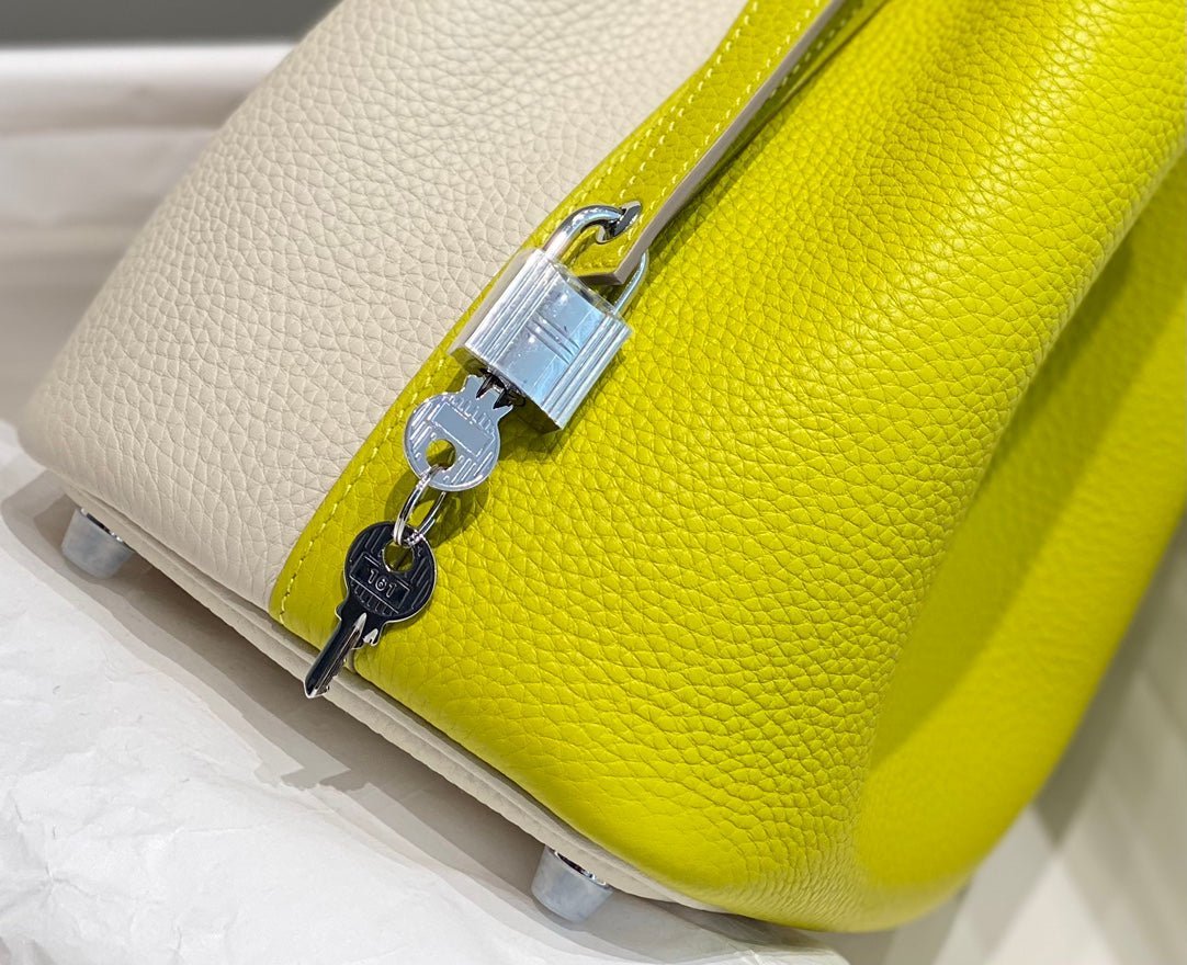 HERMES 25S PICOTIN LOCK 18 IN WHITE AND LEMON YELLOW CALFSKIN SILVER HARDWARE - Image 5