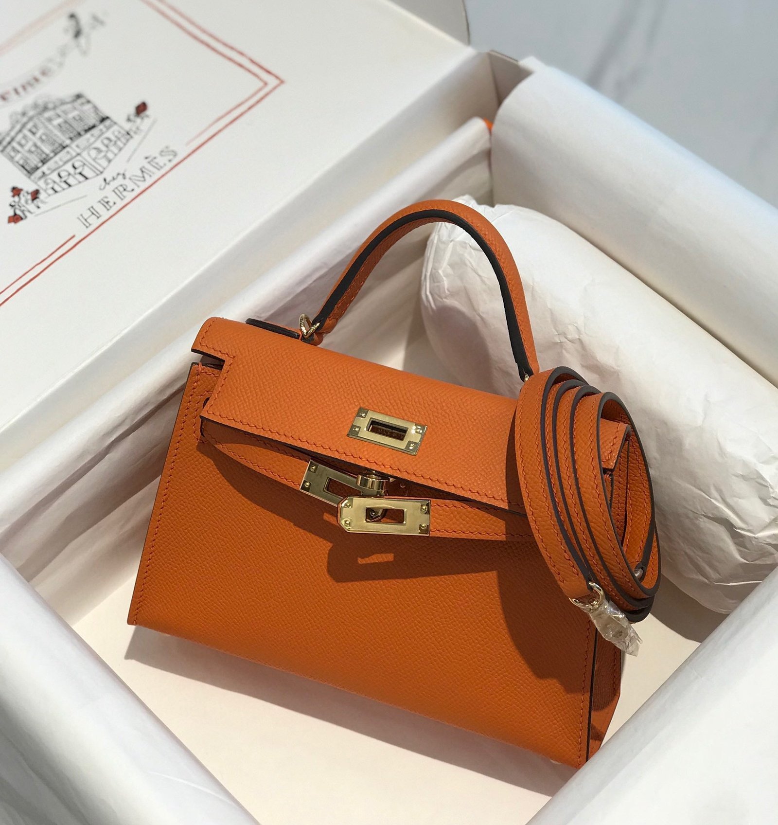 HM KELLY MINI 20 ORANGE EPSOM GOLD HARDWARE - Image 4