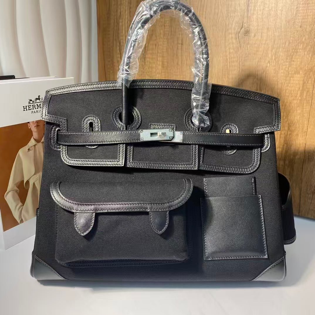 BIRKIN CARGO 35CM BLACK CANVAS AND LEATHER SILVER HARDWARE - Image 10