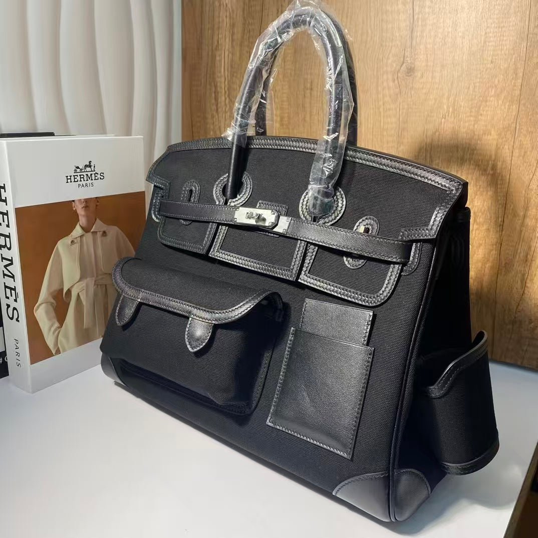 BIRKIN CARGO 35CM BLACK CANVAS AND LEATHER SILVER HARDWARE - Image 17
