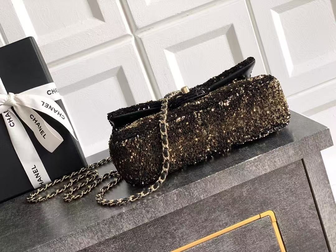 CC 20 SEQUINS FLAP BAG IN BLACK MIX BROWN - Image 15