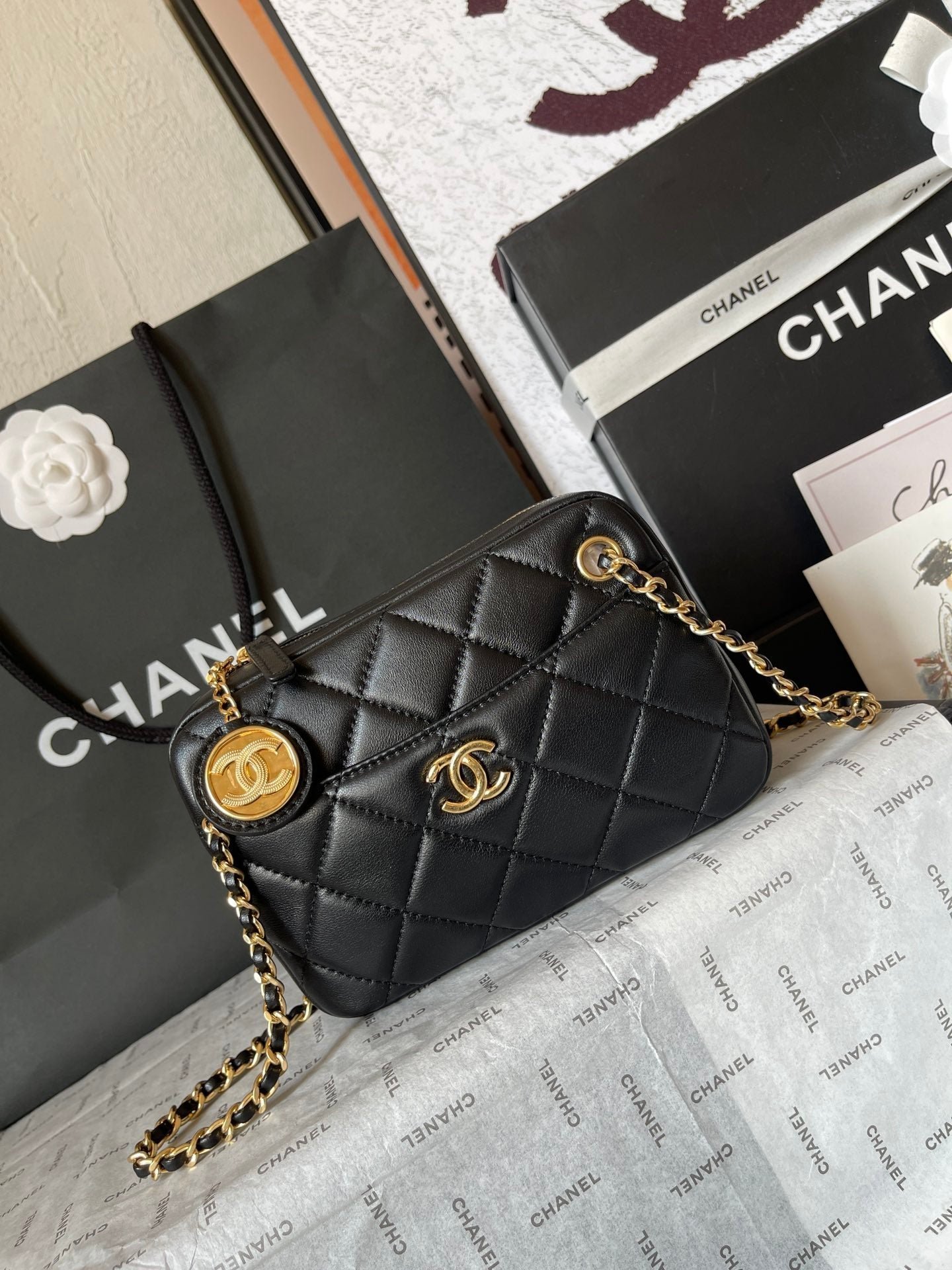 CAMERA BAG 18 IN BLACK QUILTED LAMBSKIN DOUBLE C GOLD COIN - Image 11