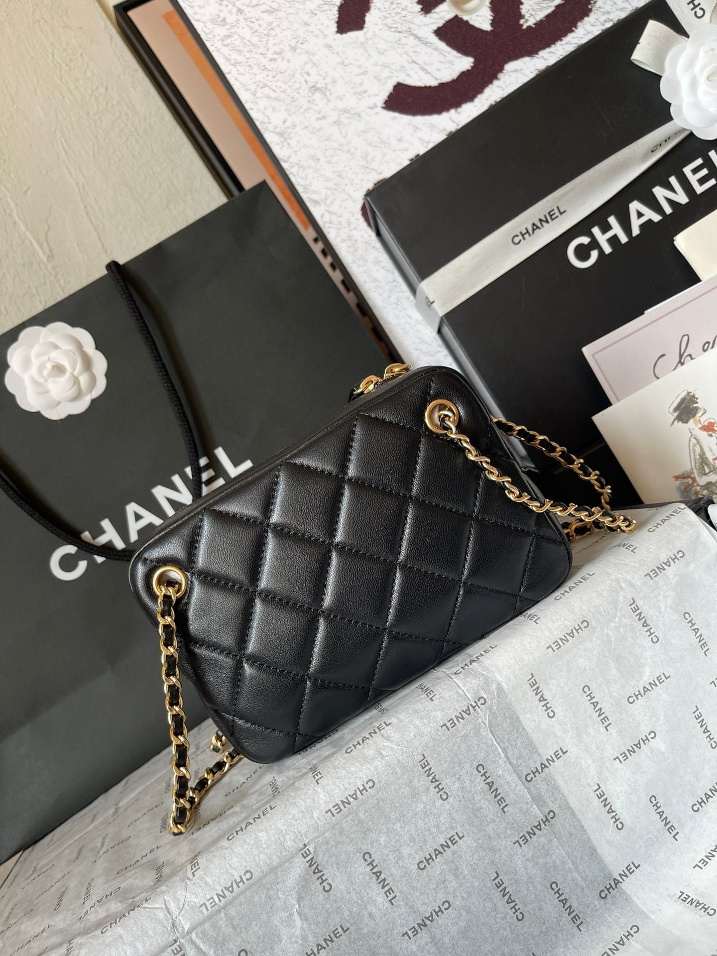 CAMERA BAG 18 IN BLACK QUILTED LAMBSKIN DOUBLE C GOLD COIN - Image 12