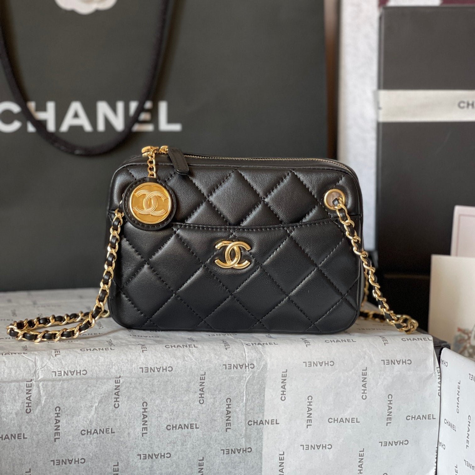 CAMERA BAG 18 IN BLACK QUILTED LAMBSKIN DOUBLE C GOLD COIN - Image 10