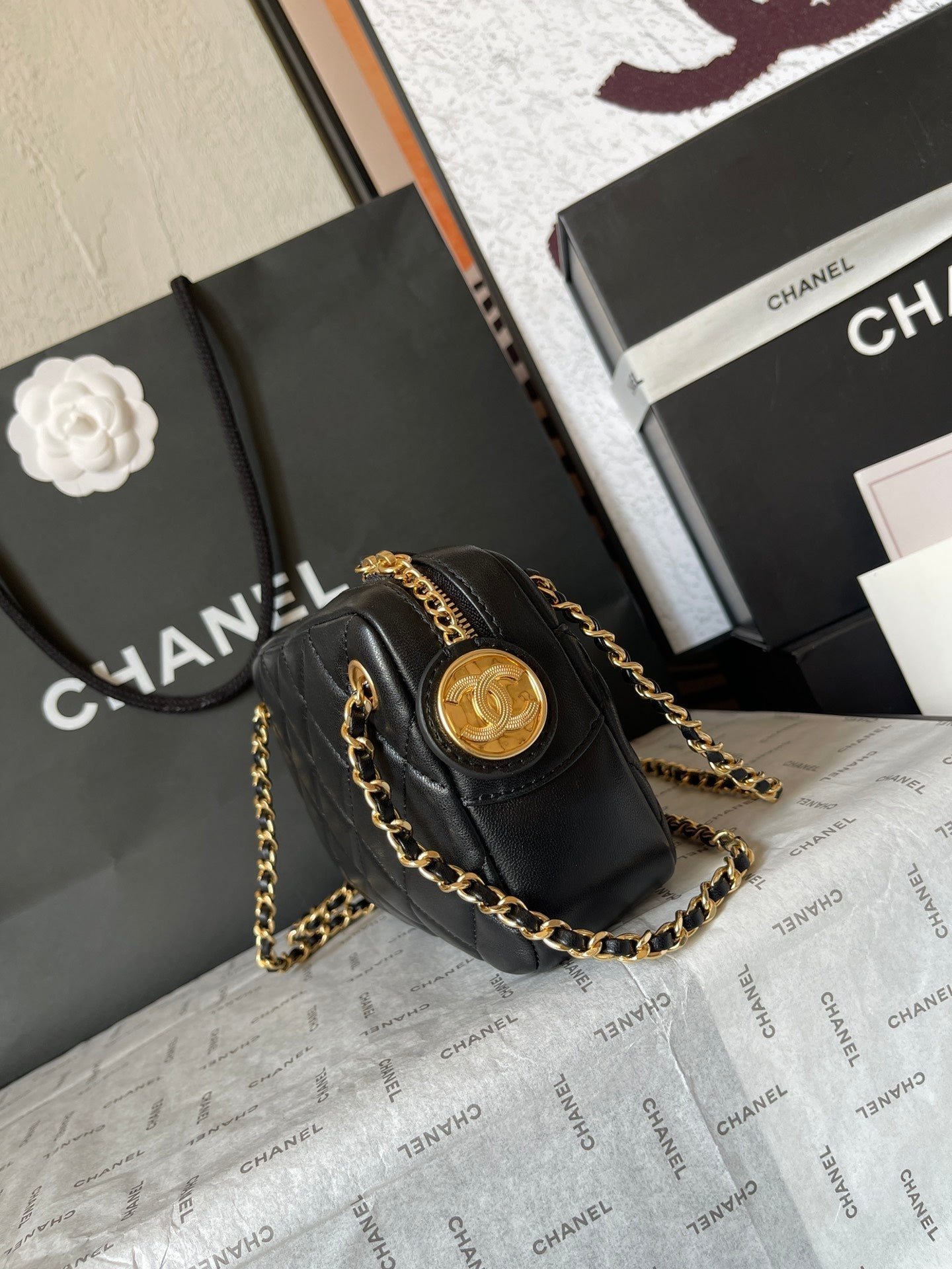 CAMERA BAG 18 IN BLACK QUILTED LAMBSKIN DOUBLE C GOLD COIN - Image 6